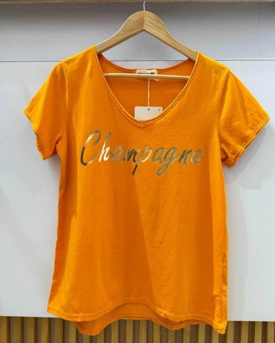 T-shirt Col V "Champagne" Imprimé Doré