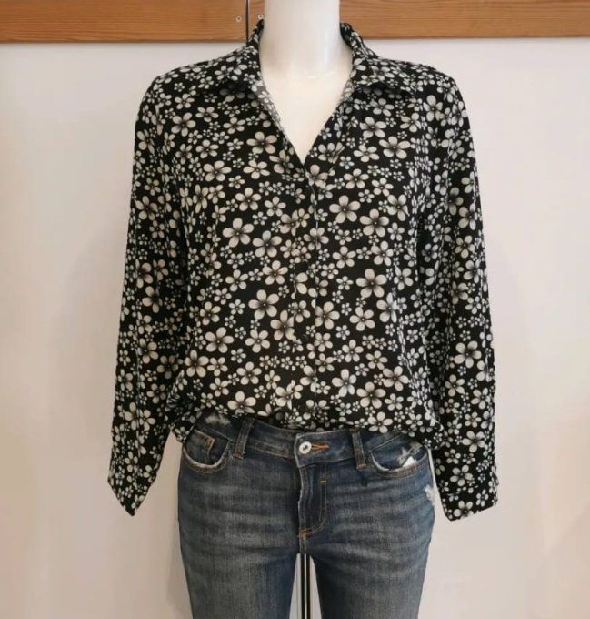 Chemise Fluide - Petites Fleurs Noir et Blanc