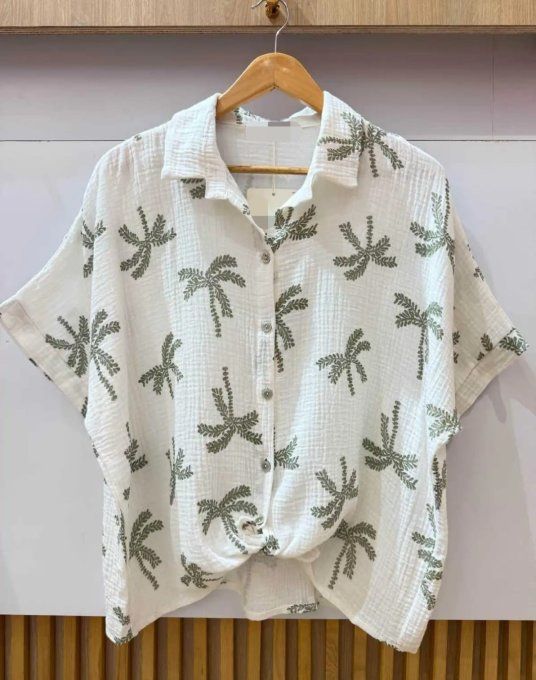 Chemise "Palmier des Îles" en Gaze de Coton ☀️ kaki☀️
