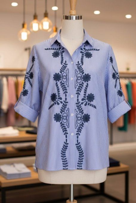 Chemise Rayée Broderies Florales Bleues