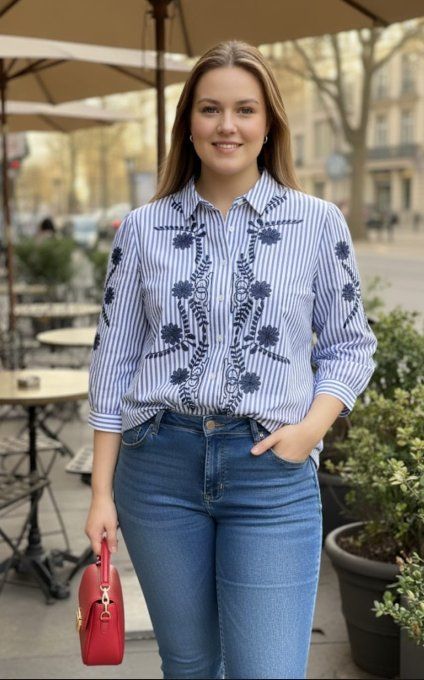 Chemise Rayée Broderies Florales Bleues