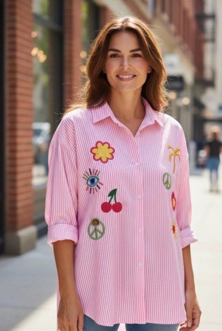 Chemise Rayée Rose à Motifs Floqués