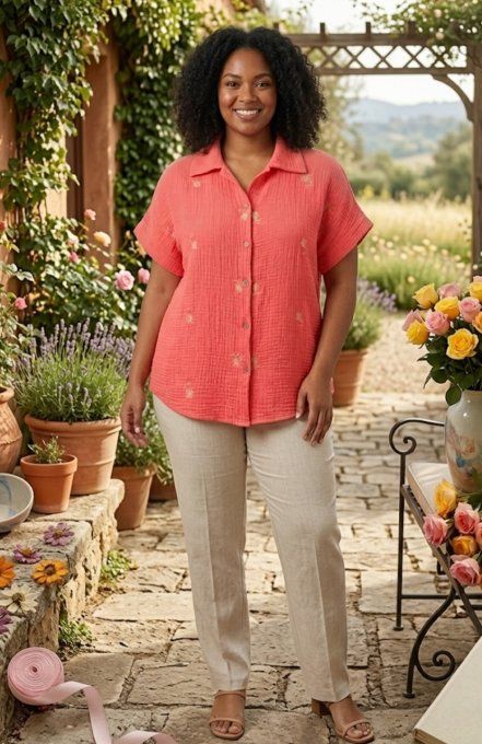 Chemisier en Gaze de Coton & Broderies Florales