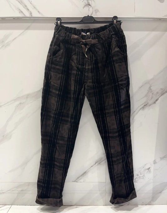 pantalon carreaux léopard, chino femme taille élastique, pantalon 4 poches motif, vêtement coupe fus