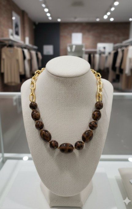 ​Collier Maillons Dorés & Perles Léopard