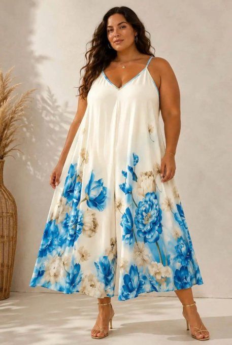 Combinaison Courte Large à Imprimé Floral Bleu