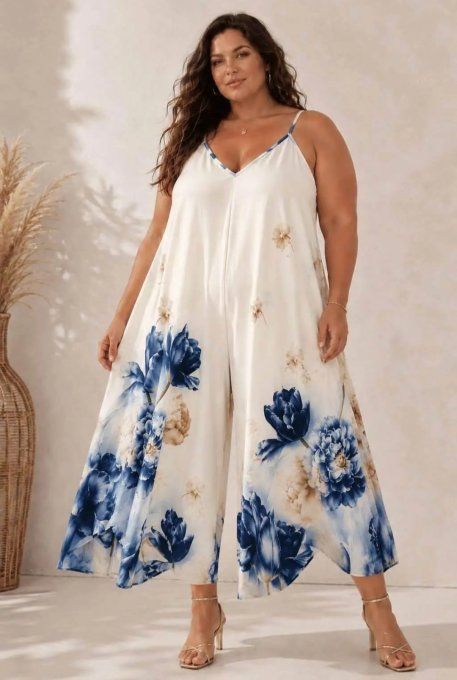 Combinaison Courte Large à Imprimé Floral Bleu