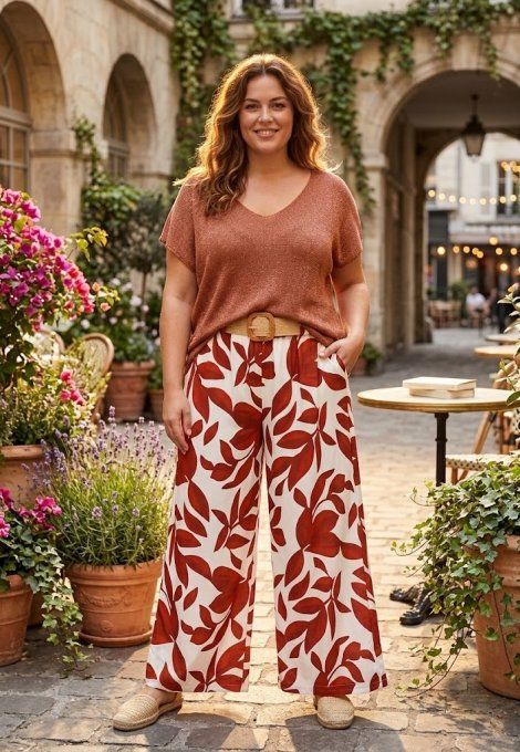 Pantalon Large Fluide à Imprimé Feuillage