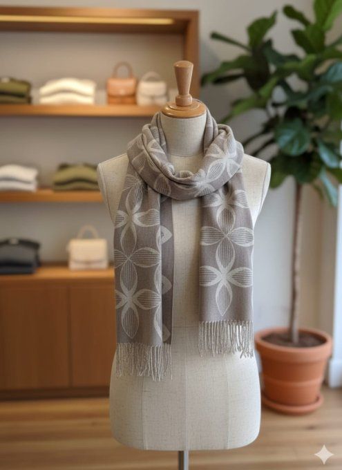 Écharpe Plaid Chaude Mi-Saison – Fleurs Beige & Écru