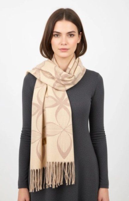 Écharpe Chaude Mi-Saison – Fleurs Beige & Écru
