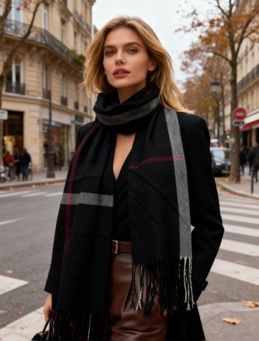 ​Écharpe Chaude – Carreaux Noir, Blanc & Fils Scintillants