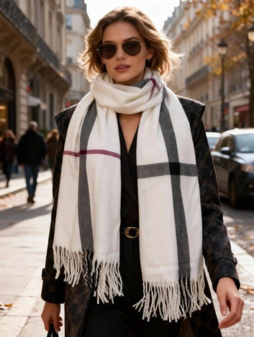 ​Écharpe Chaude – Carreaux Blanc & Fils Scintillants