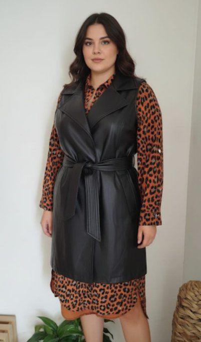 Veste Longue Simili Cuir Noir ceinturée ✨