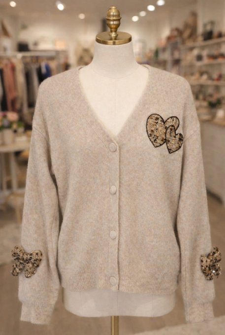 Gilet Beige Cœurs & Nœuds Sequins 