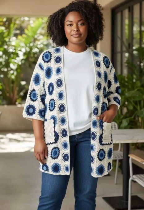 Gilet Long en Maille Crochet & Manches 3/4