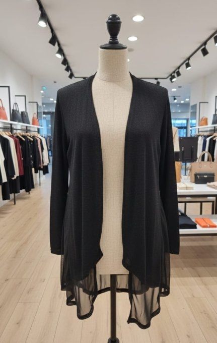 Gilet Long Noir Transparent – Élégance Fluide