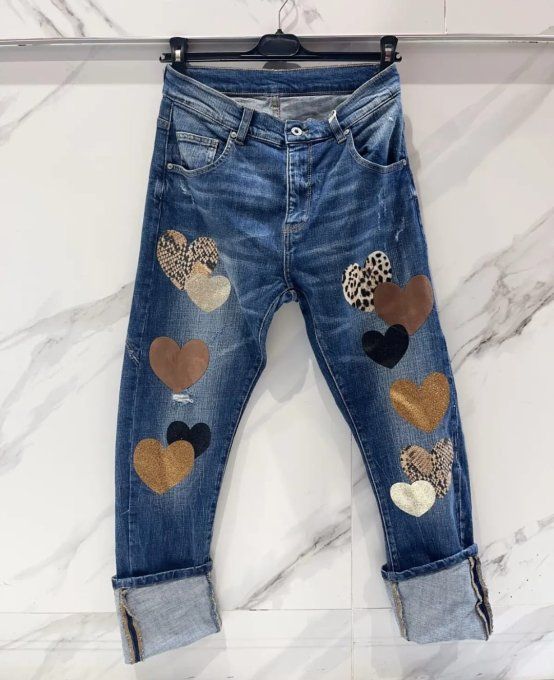 Jean Denim Boyfriend Patchs Cœurs