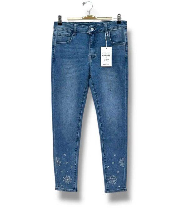 ​Jean Slim Bleu aux Détails Floraux et Strass