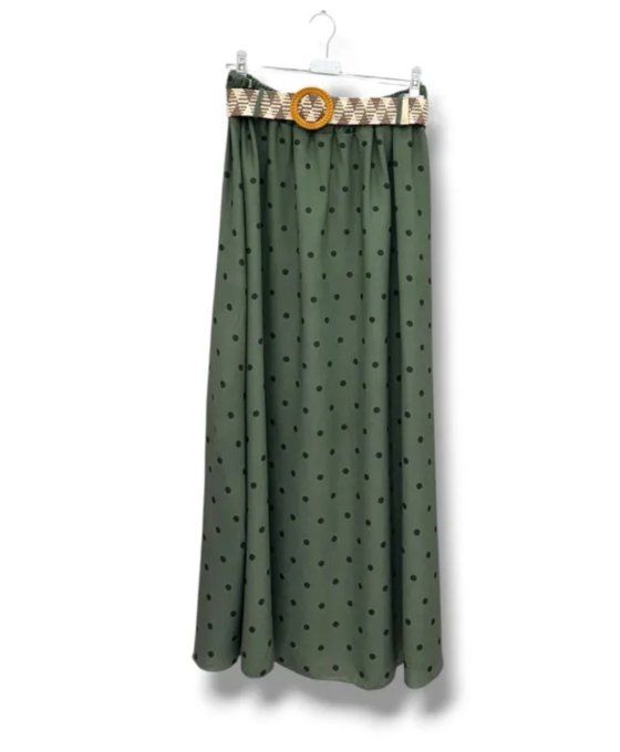 Jupe Longue Fluide à Pois avec Ceinture Tressée