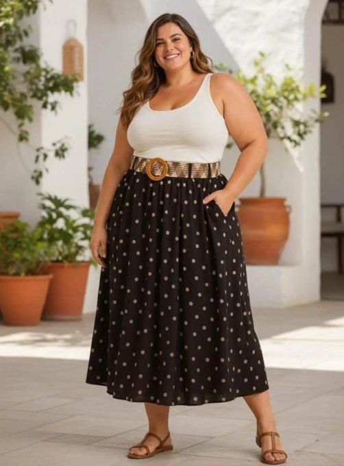 Jupe Longue Fluide à Pois avec Ceinture Tressée