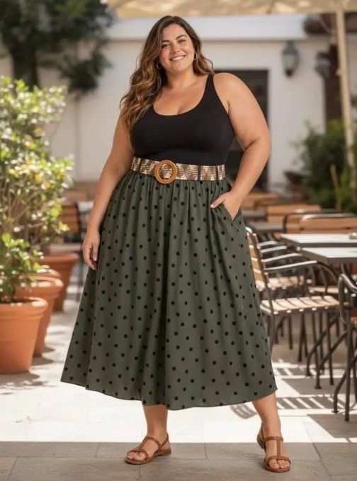 Jupe Longue Fluide à Pois avec Ceinture Tressée