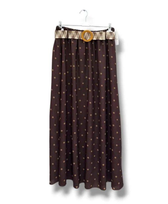 Jupe Longue Fluide à Pois avec Ceinture Tressée