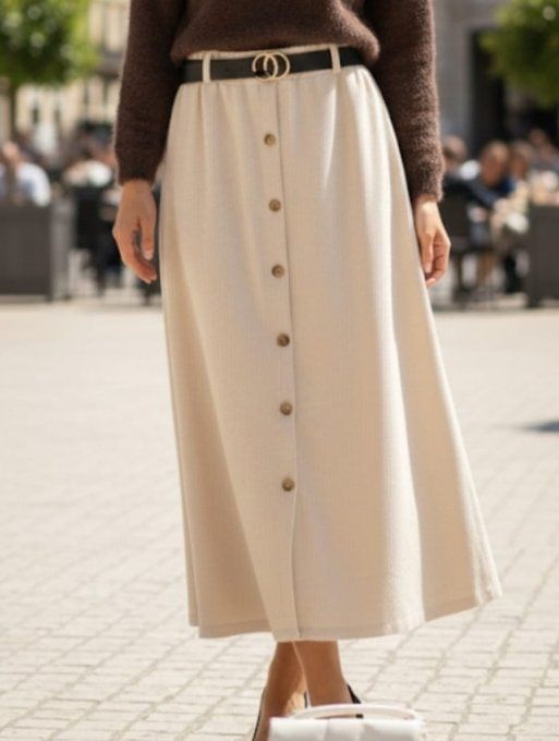Jupe Longue Beige à Boutonnage Central