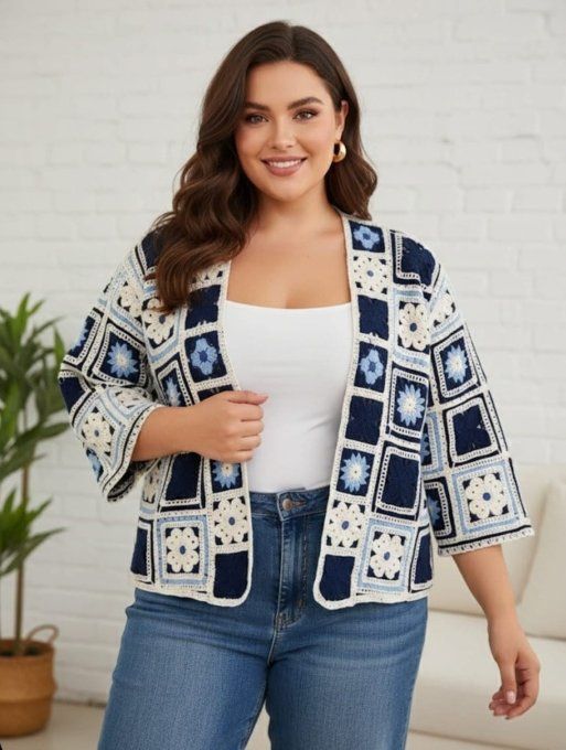 Le Gilet Cardigan Granny Squares Bleu
