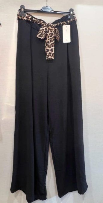 Pantalon Palazzo Noir Ceinture Léopard 