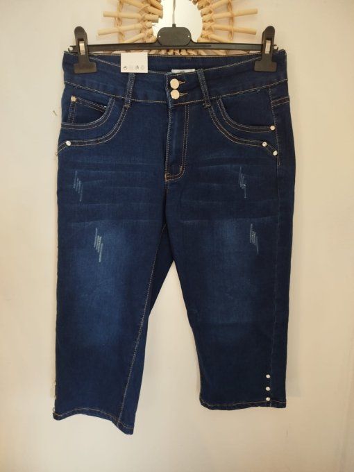 Pantacourt Jean Denim Coupe Droite Détails Strass