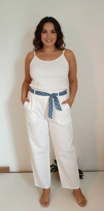 Pantalon Blanc Fluide Ceinturé Motif Cachemire ??