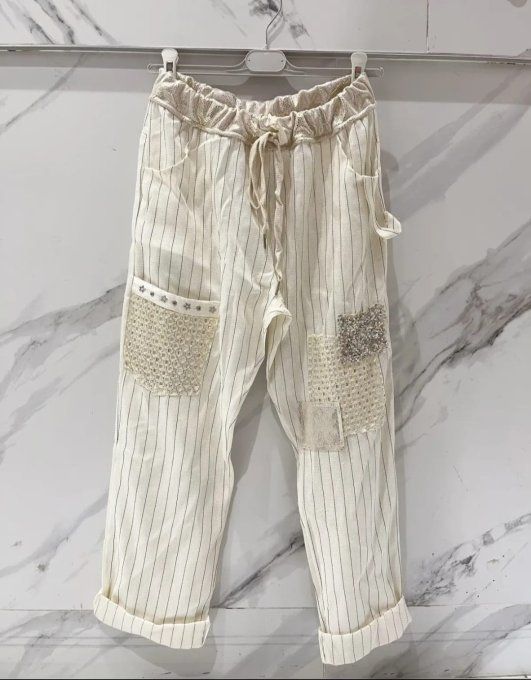 Pantalon "Esprit Bohème Détente" Écru Rayé à Patchs ✨??