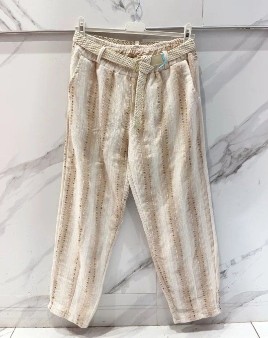 Pantalon Fluide à Rayures Texturées & Ceinture Tressée