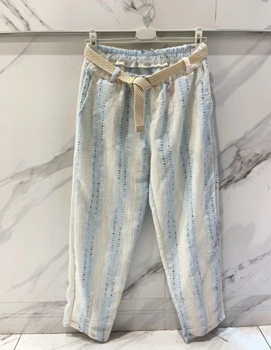 Pantalon Fluide à Rayures Texturées & Ceinture Tressée