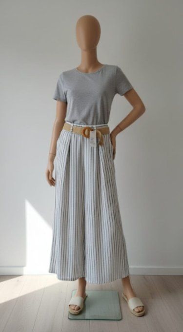 Pantalon Large Rayé avec Ceinture Paille