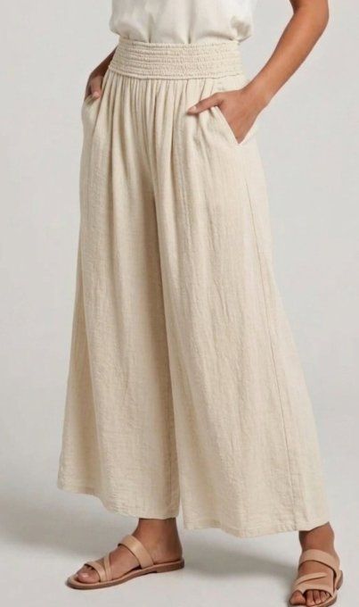 Pantalon Large à Taille Smockée