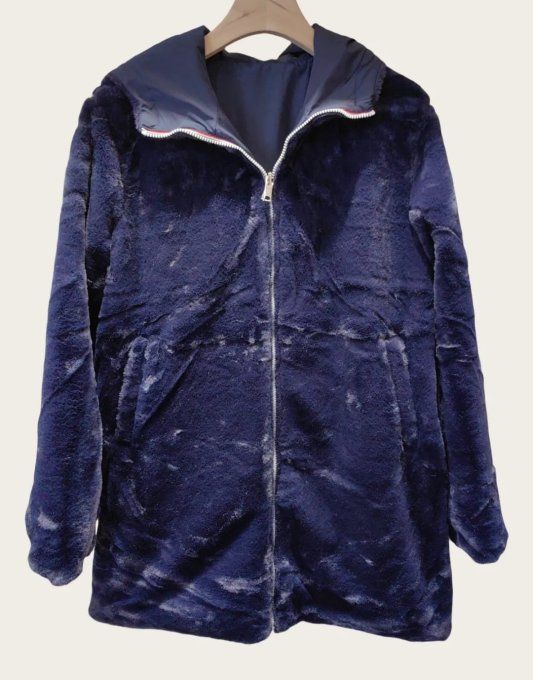 Manteau Réversible "2-en-1" Marine Capuche Fausse Fourrure