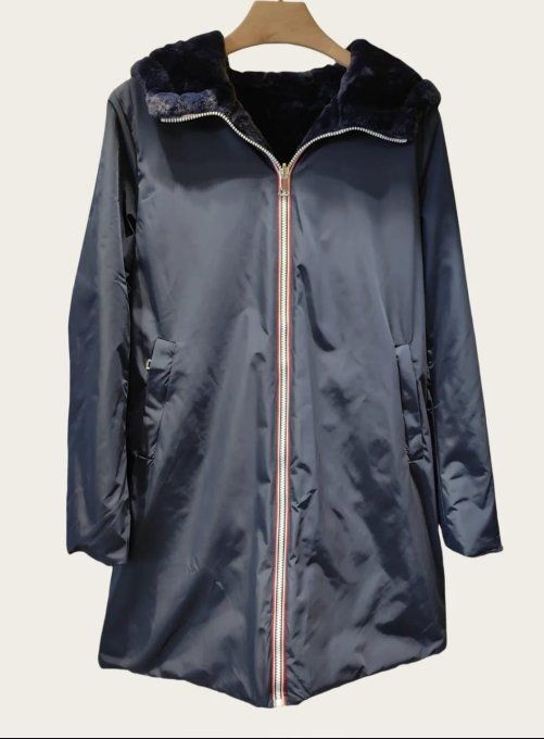 Manteau Réversible "2-en-1" Marine Capuche Fausse Fourrure