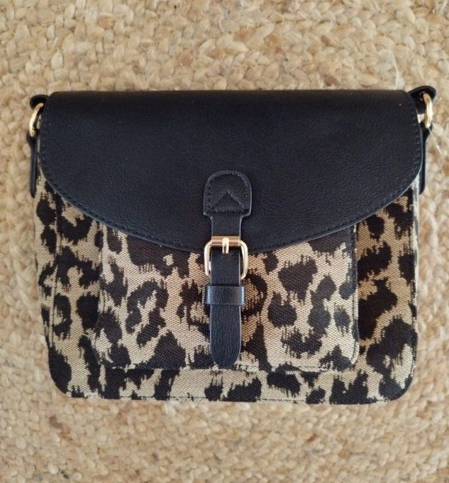 r​Sac Bandoulière Léopard Tissé et Rabats Simili-Cuir Noir