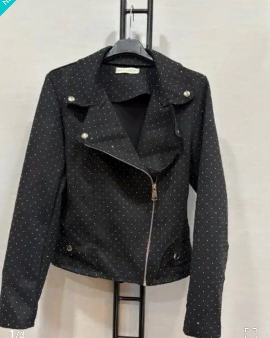 ​Blouson Biker Noir Orné de Micro-Strass