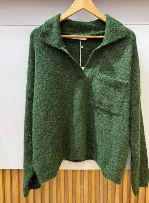 Pull Moelleux Vert Sapin à Col Polo