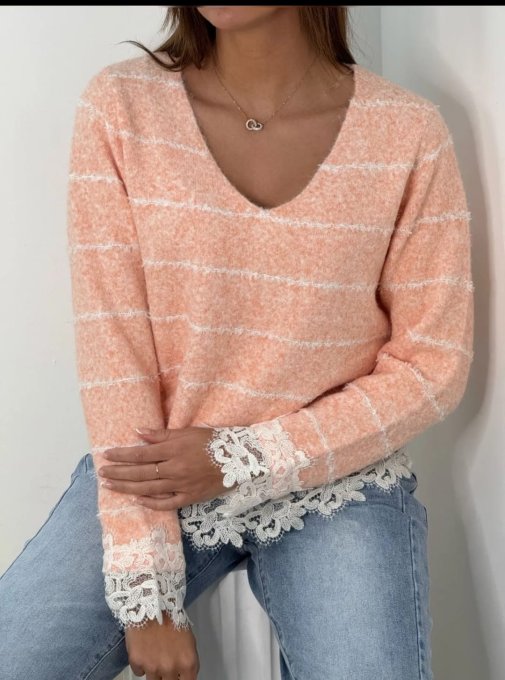 Pull Moelleux Rayé et Finitions Dentelle
