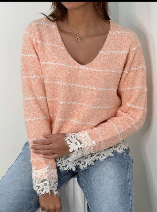 Pull Moelleux Rayé et Finitions Dentelle