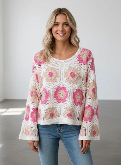 Pull en Crochet & Motifs Fleurs Rétro