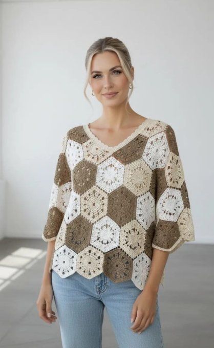 Pull en Crochet Patchwork Hexagones
