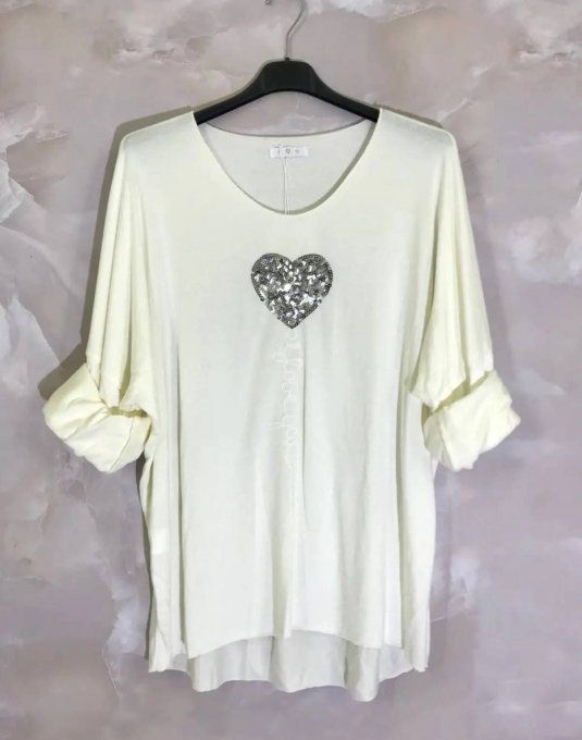 Pull fin  Blanc cassé - Coeur pailleté