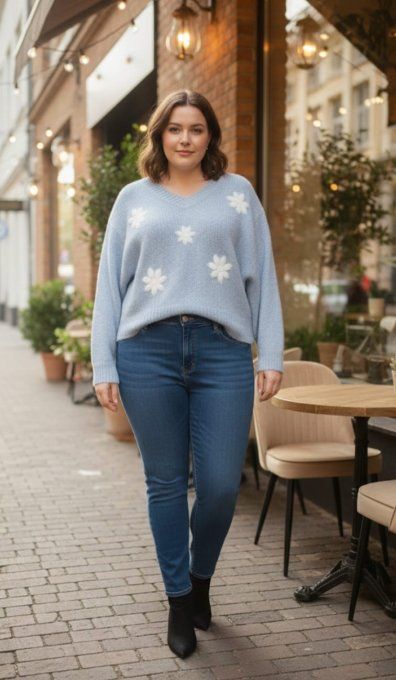 ​Pull Douillet Bleu Ciel irisé à Fleurs en Relief