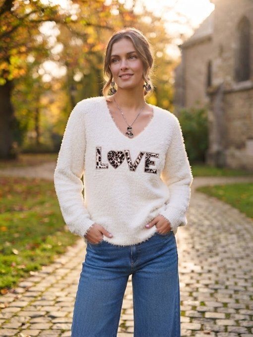 Pull Moelleux "Love" Imprimé Léopard