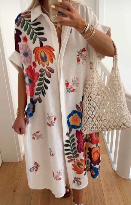 Robe Chemise Longue Blanche Imprimés Floraux Éclatants ??