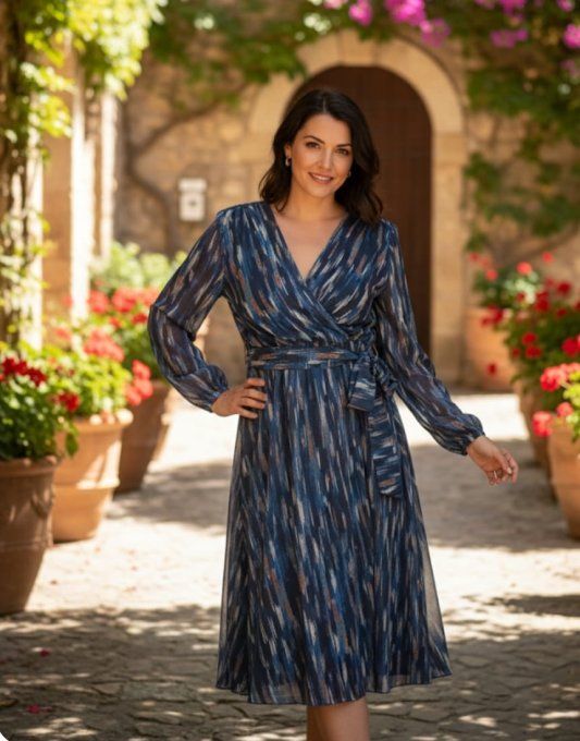 ​Robe Courte Bleue à Motifs Abstraits